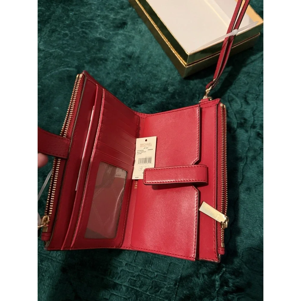 Michael‎ Kors Jet Set Double Zip Wristlet Crimson Red Leather Wallet 32T7GAFW4L